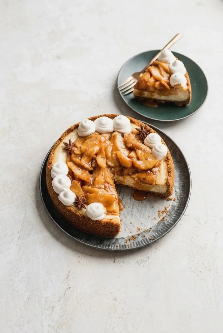 Wide view of apple cream cheese pie on a dark plate with a separate slice nearby