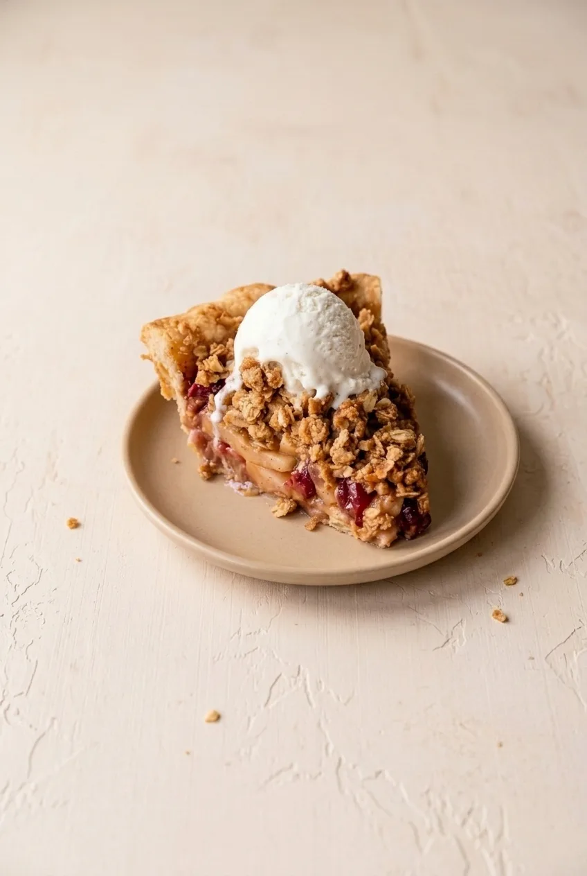 Apple cranberry pie wedge with ice cream on a complete plate, surrounded by a pale tabletop
