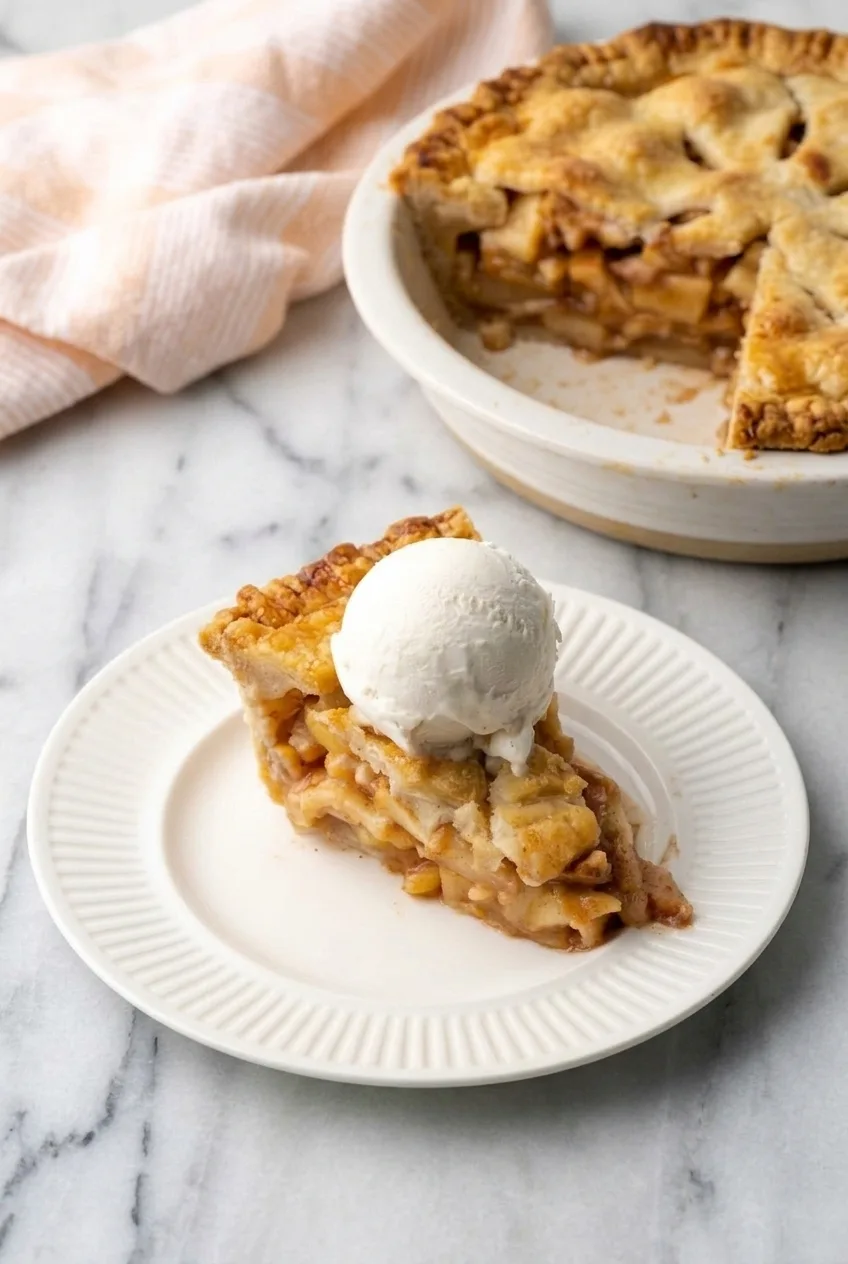 Plated apple pear pie wedge with ice cream beside the remaining double-crust pie