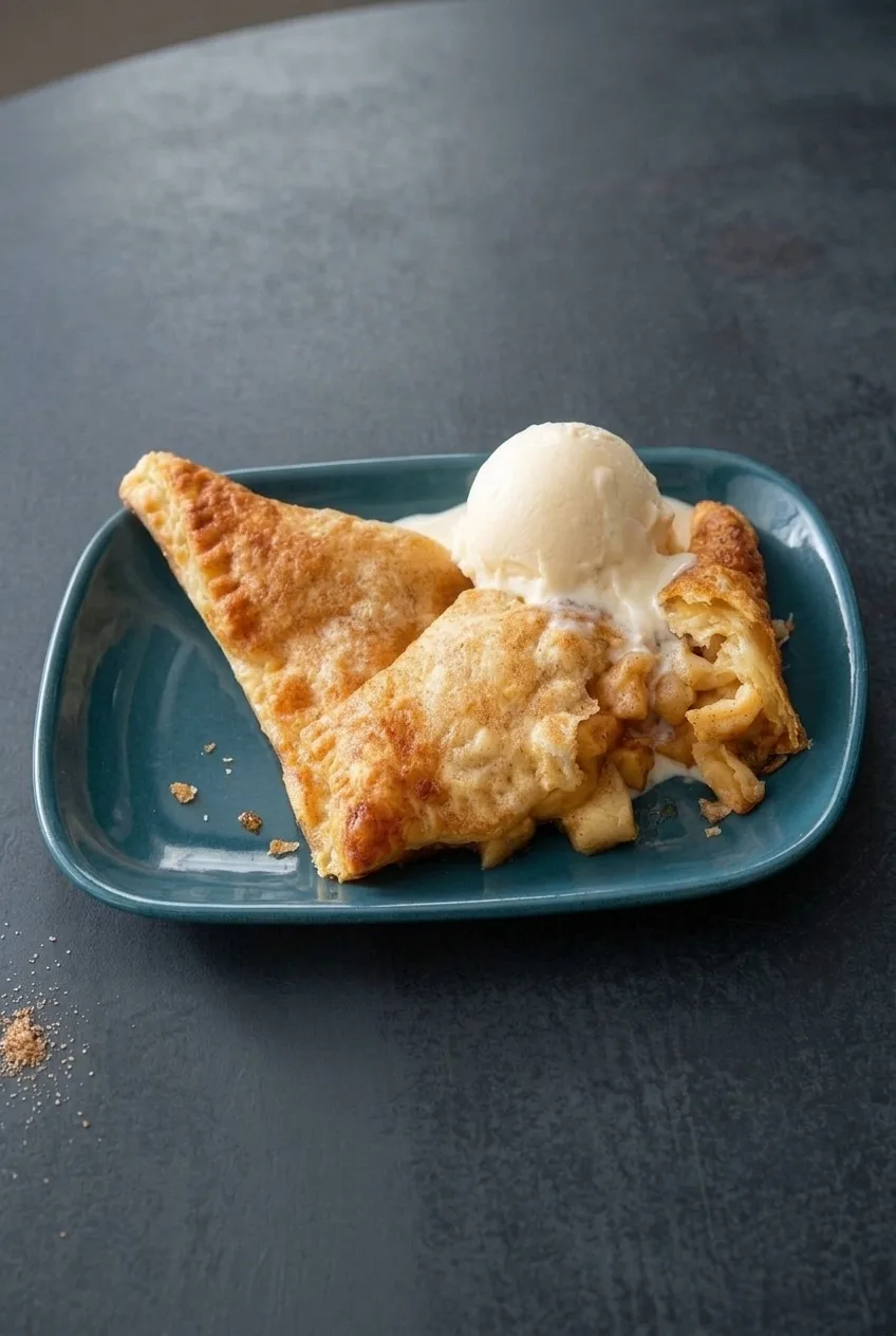 Wider view of a teal plate with an intact apple turnover, an opened turnover, and vanilla ice cream