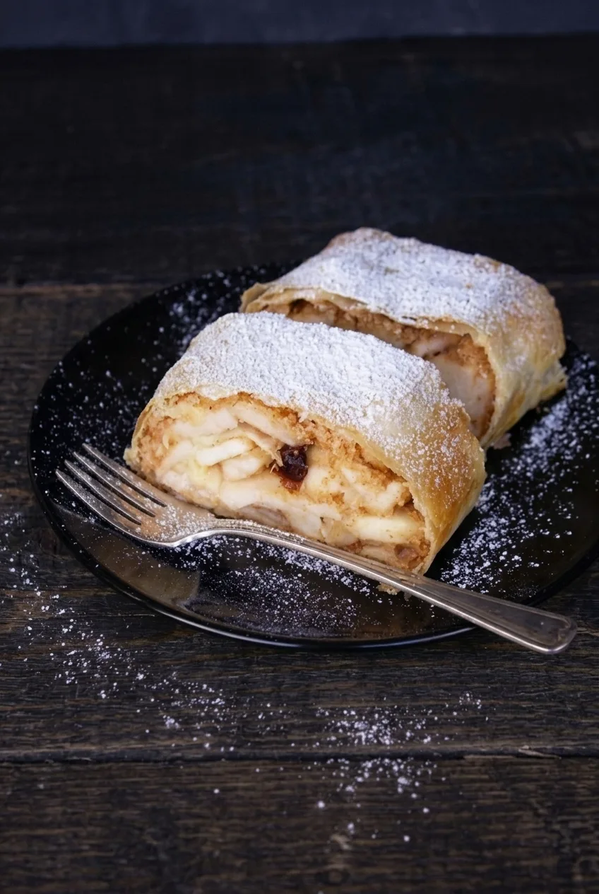 Wider view of powdered-sugar-dusted apple strudel and a thick cut slice on a dark plate