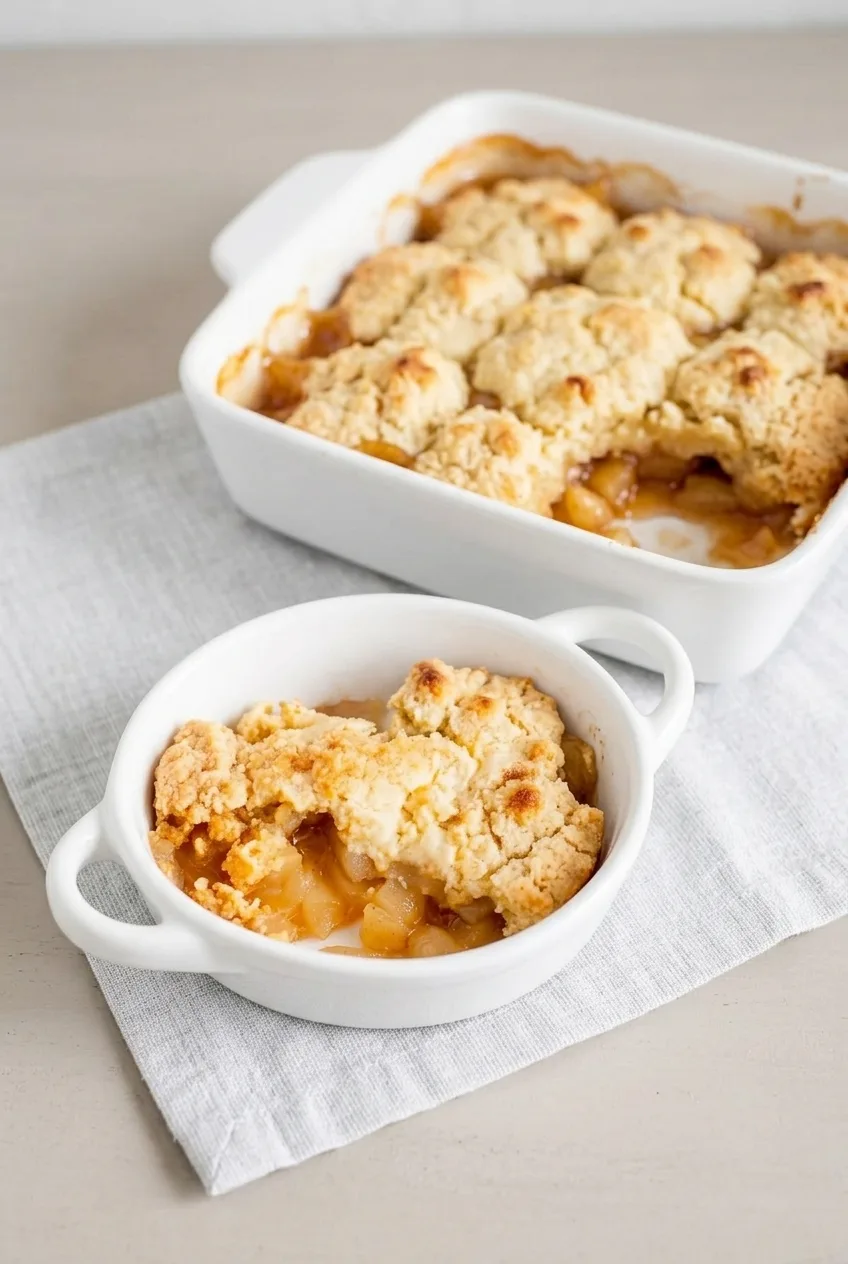 Apple cobbler in its baking dish with a rustic serving in a white bowl
