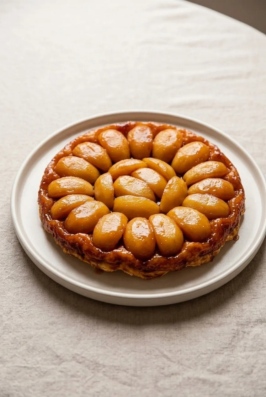 Whole apple tarte Tatin on a round platter with its caramelized apple top fully visible