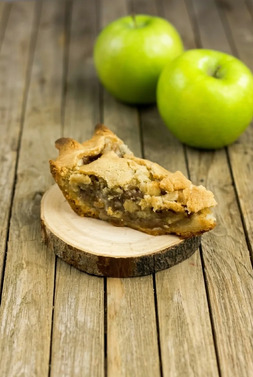 Wider view of a low sugar apple pie wedge on a circular wood board over a wooden table