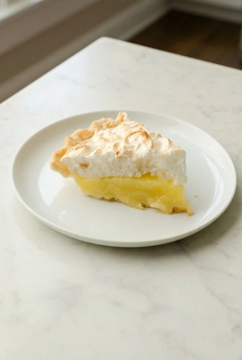 Single lemon meringue pie slice on a complete white plate, with its three layers visible
