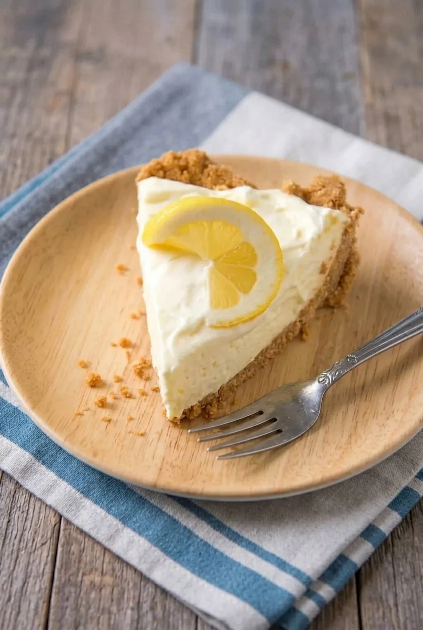 Full plate with a thick lemon cream cheese pie wedge, raised graham crust, and lemon half-wheel