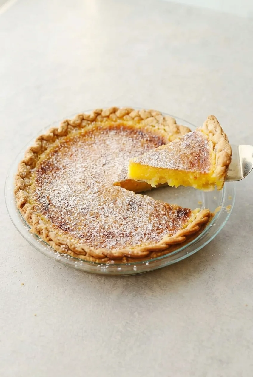 Wider view of lemon chess pie in a glass plate with one wedge lifted beside the cut opening