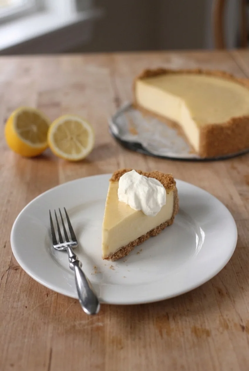 Plated lemon icebox pie slice with whipped cream and the remaining pie behind it