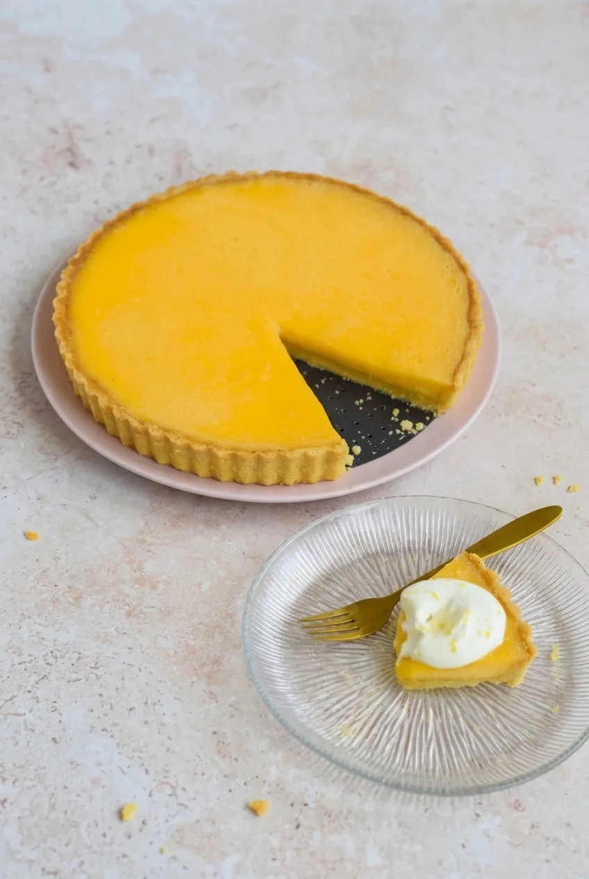 French lemon tart and a separate cream-topped slice on a light tabletop