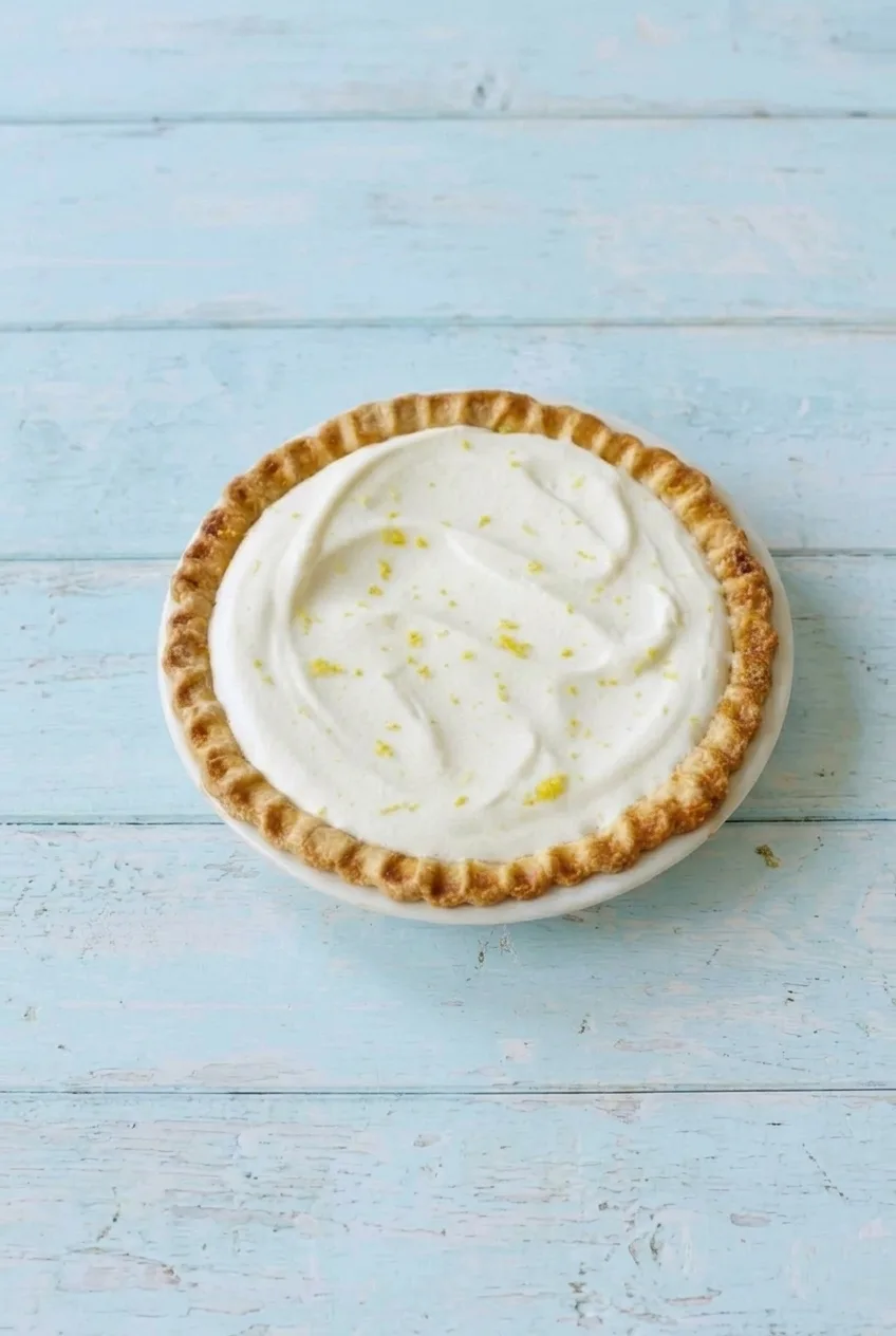Whole lemon chiffon pie on a white plate with its crimped crust visible against a pale-blue table