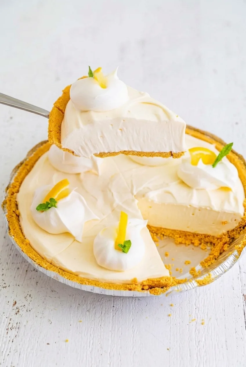 Full lemonade pie in a foil tin with one lifted wedge, whipped topping, lemon wedges, and mint