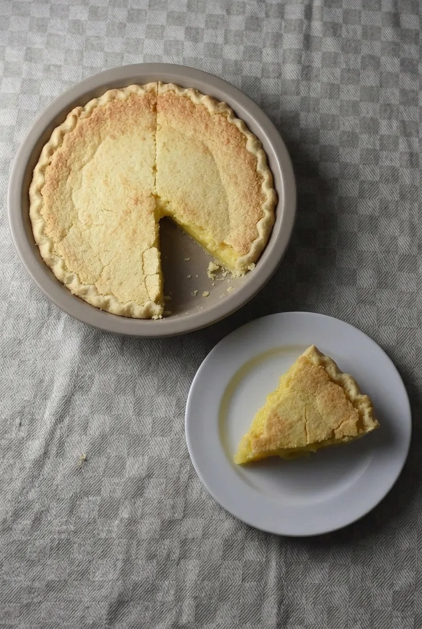 Whole Arizona Sunshine Lemon Pie with one wedge removed and a plated slice beside it