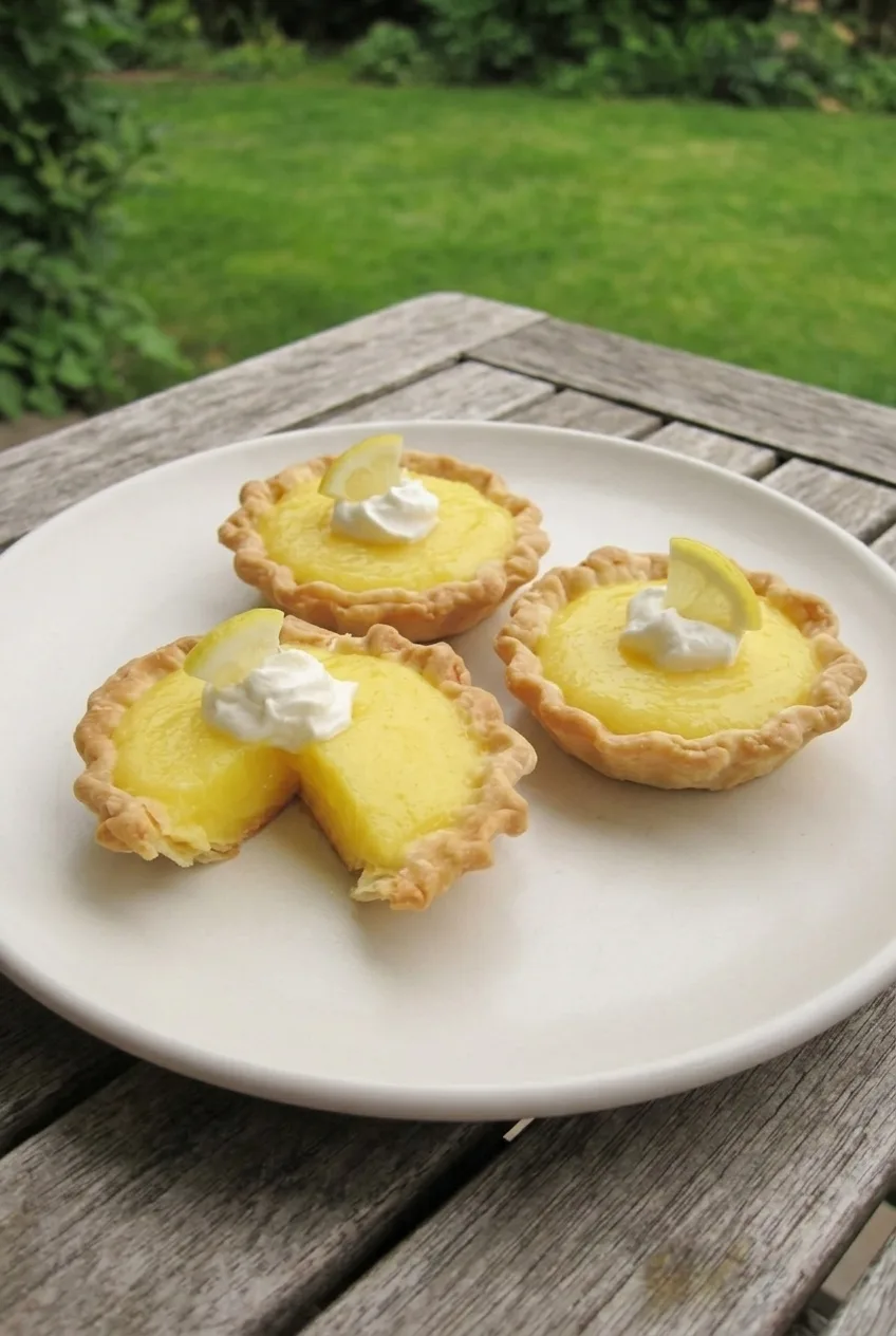 Three mini lemon meringue pies on a plate, each with visible yellow filling, a white dollop, and a lemon wedge