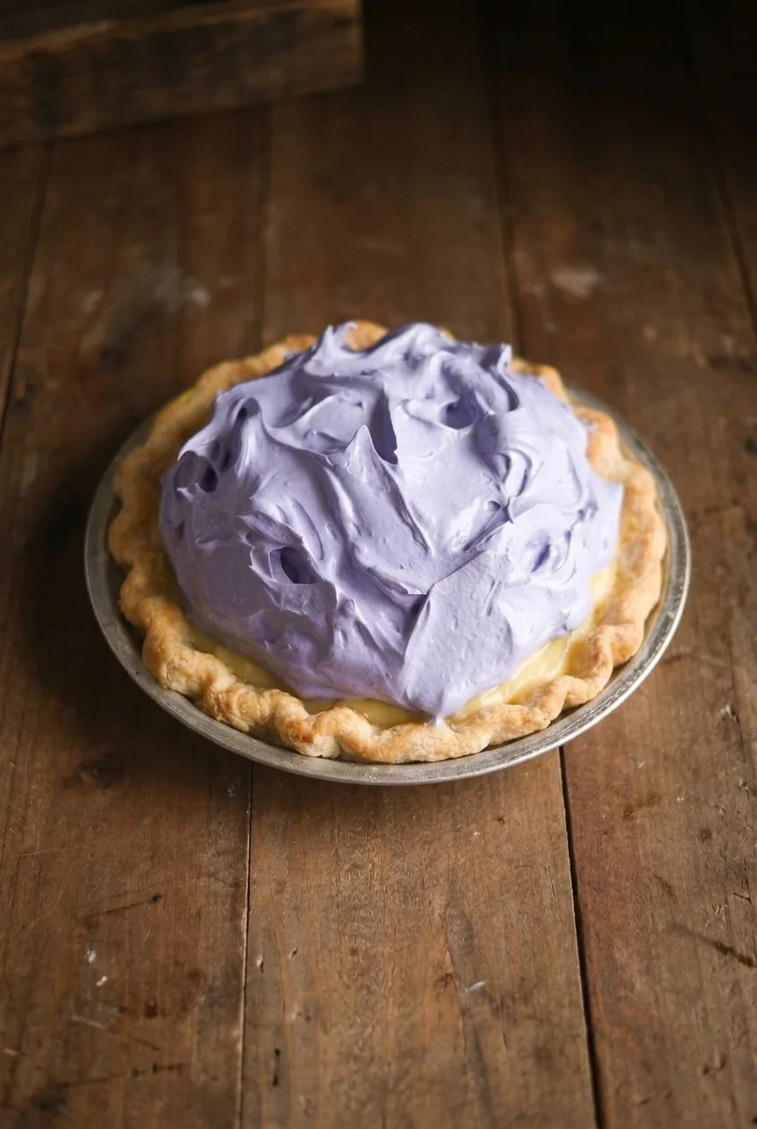 Whole lavender-topped lemon blueberry pie in its plate on a dark wooden table