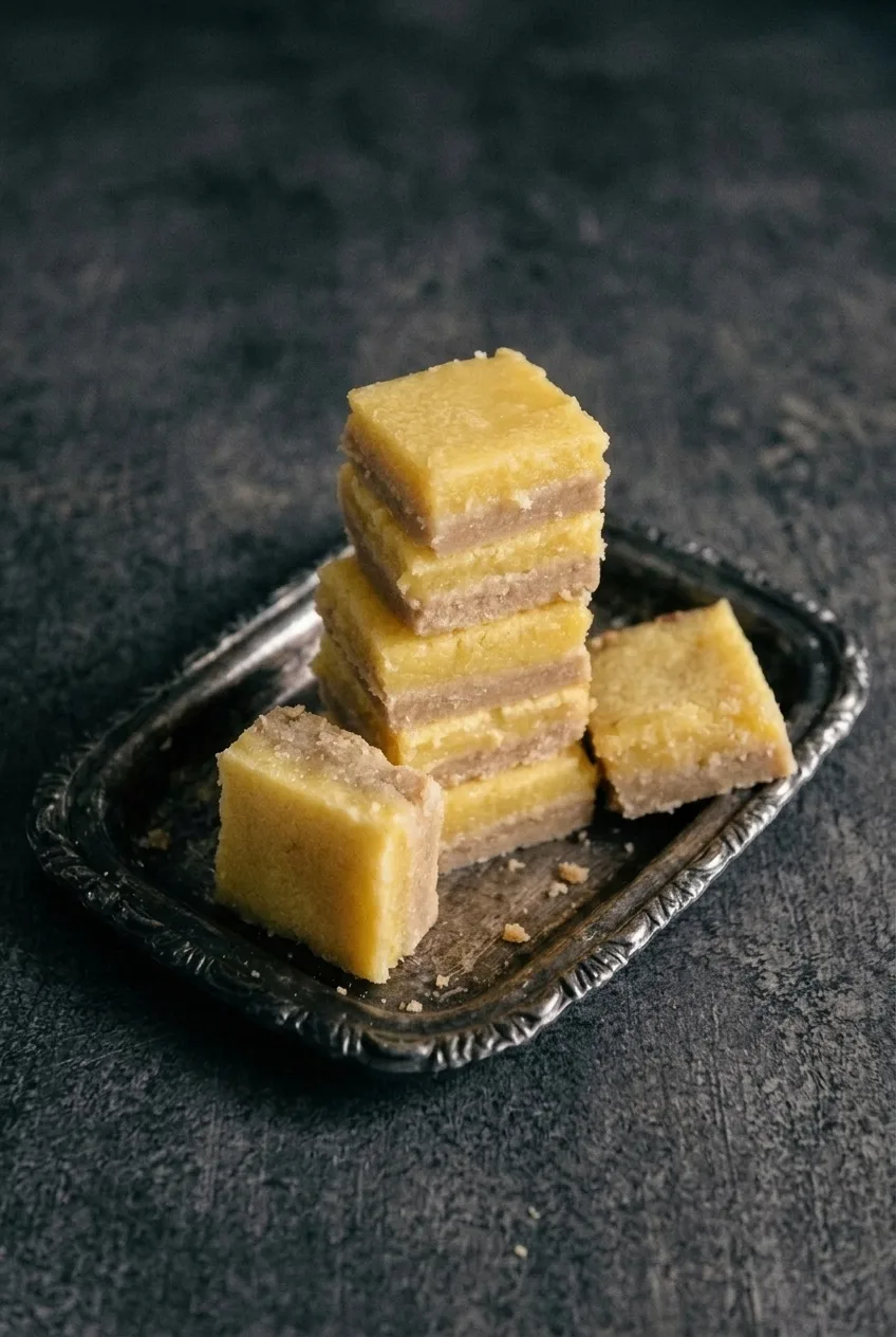 Wider view of undusted lemon bar squares loosely stacked on a dark serving tray