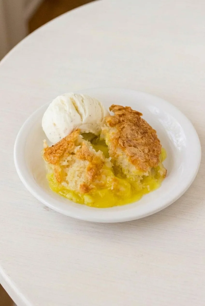 Full white plate of spooned lemon cobbler and vanilla ice cream on a light tabletop