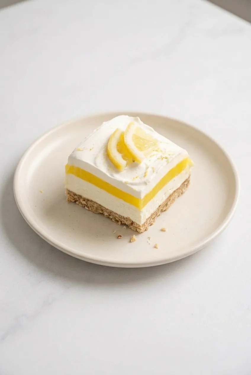 Wider view of a garnished lemon lush square on a complete dessert plate