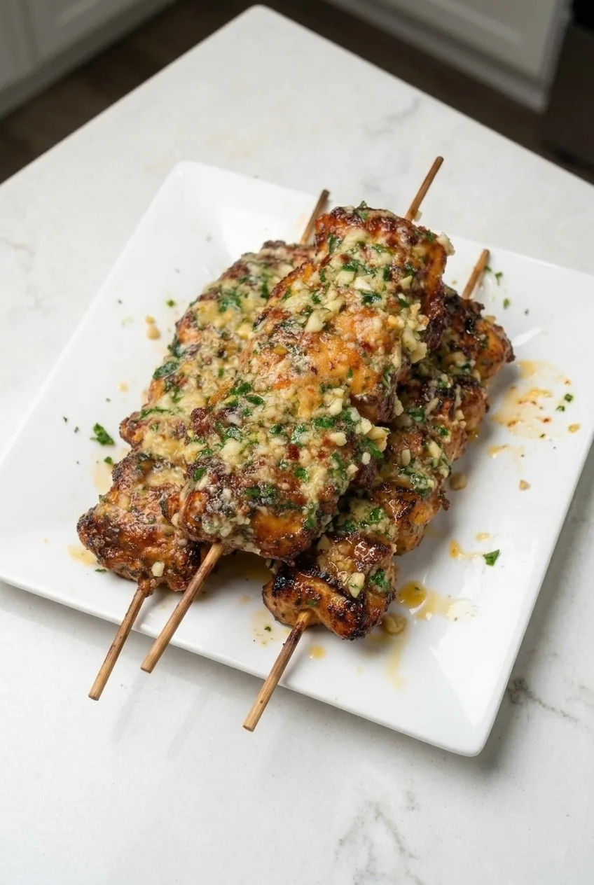 Four finished garlic Parmesan chicken skewers arranged together on a white plate