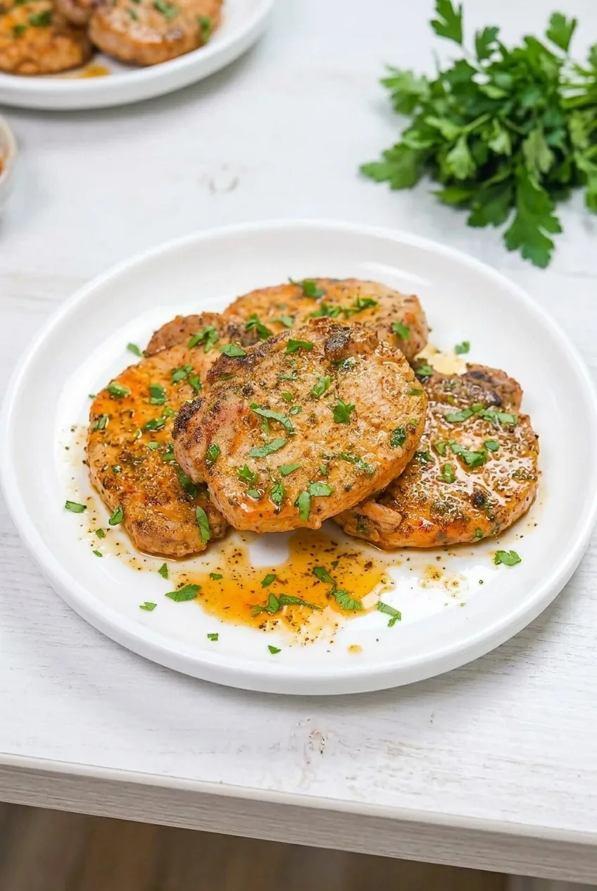 Full plate of overlapping boneless pork chops with parsley and seasoned juices on a dining surface