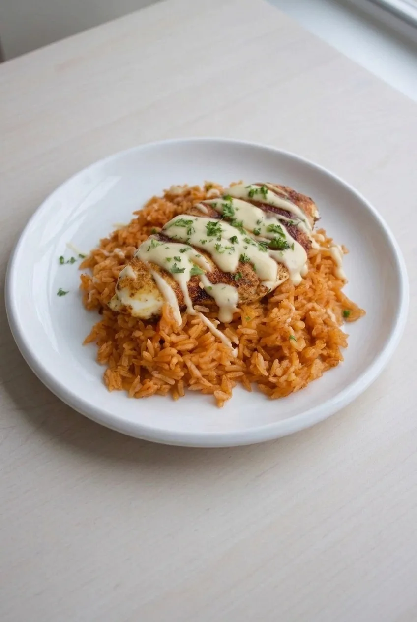 Full plate of Mexican chicken over orange rice with white cheese sauce and chopped cilantro