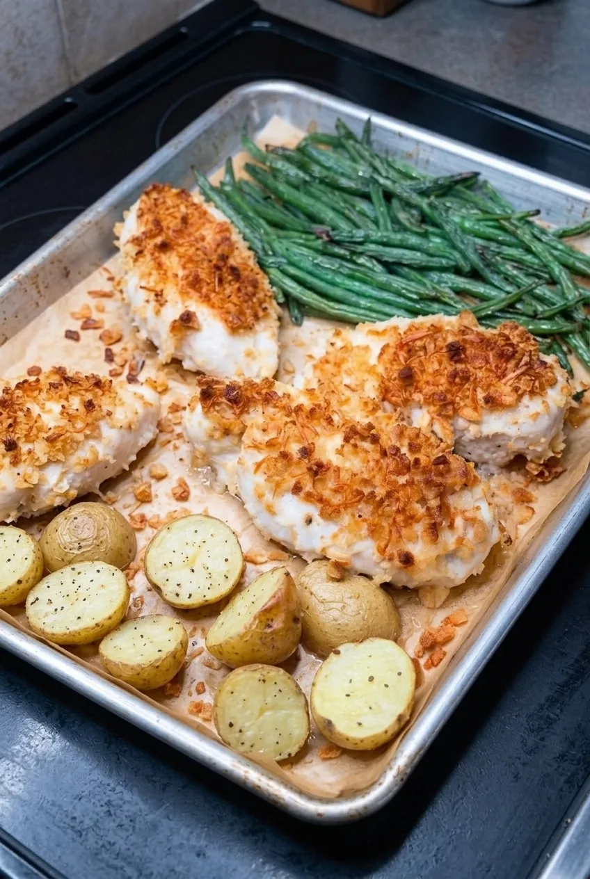Wider view of crusted chicken, halved potatoes, and green beans arranged on a rimmed sheet pan