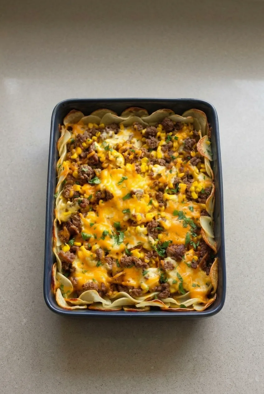 Full baking dish of cheesy hamburger potato casserole on a plain countertop