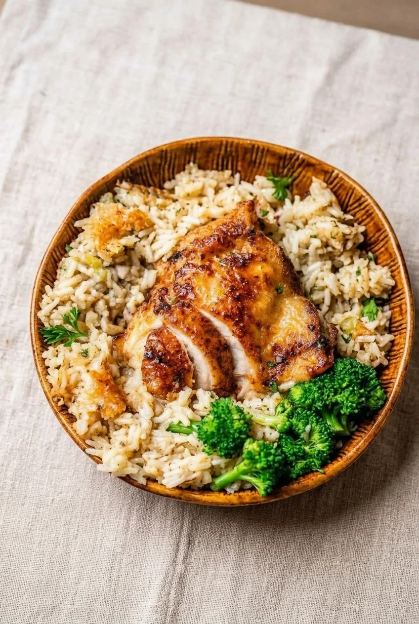 Full rustic bowl of chicken and rice casserole with broccoli alongside on a neutral tabletop