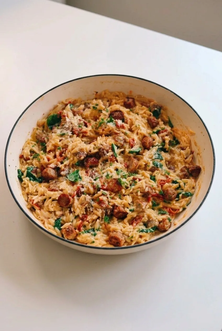 Full pot of creamy Marry Me Chicken Orzo on a plain light surface