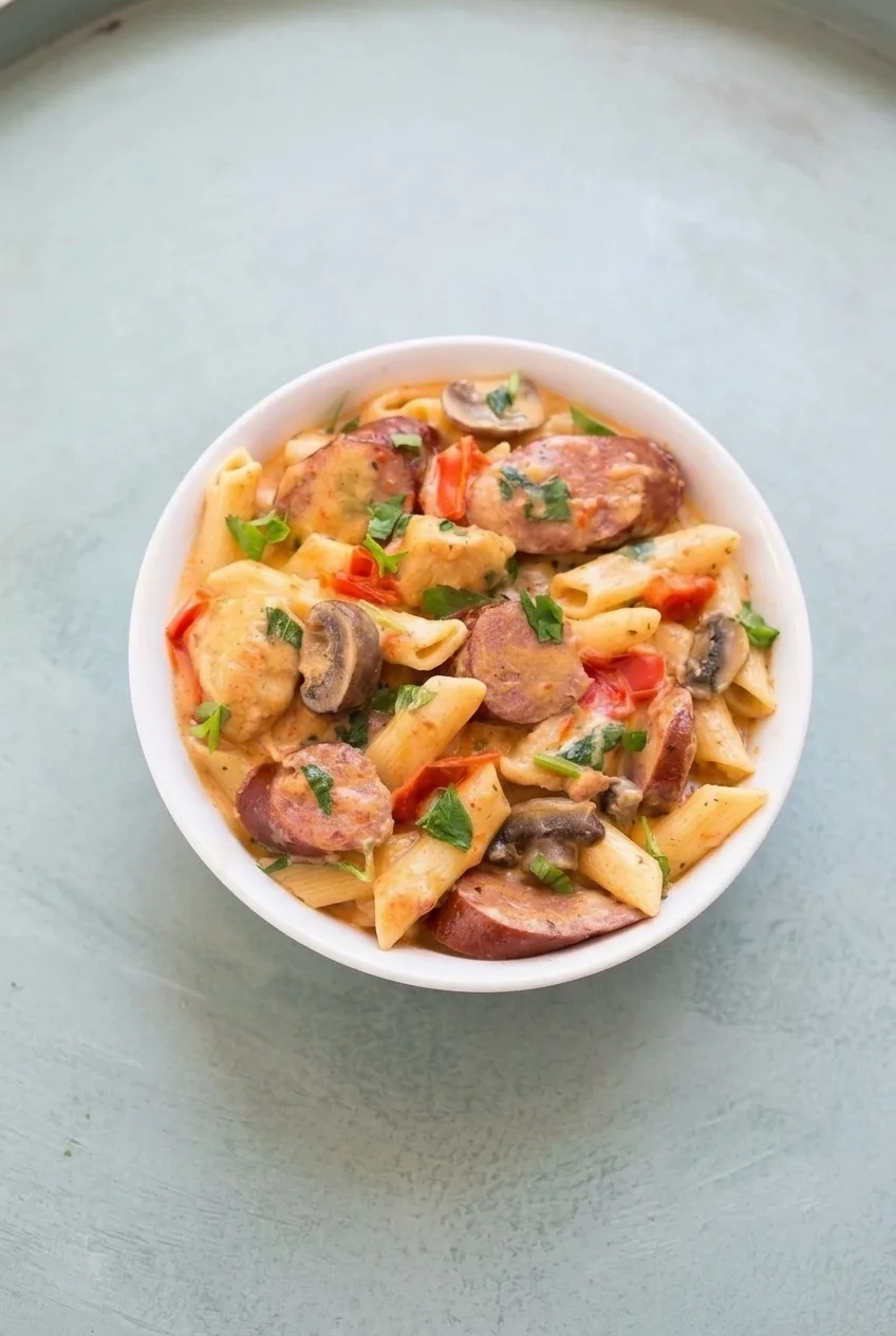 Complete bowl of creamy Cajun sausage pasta on a pale gray-green table