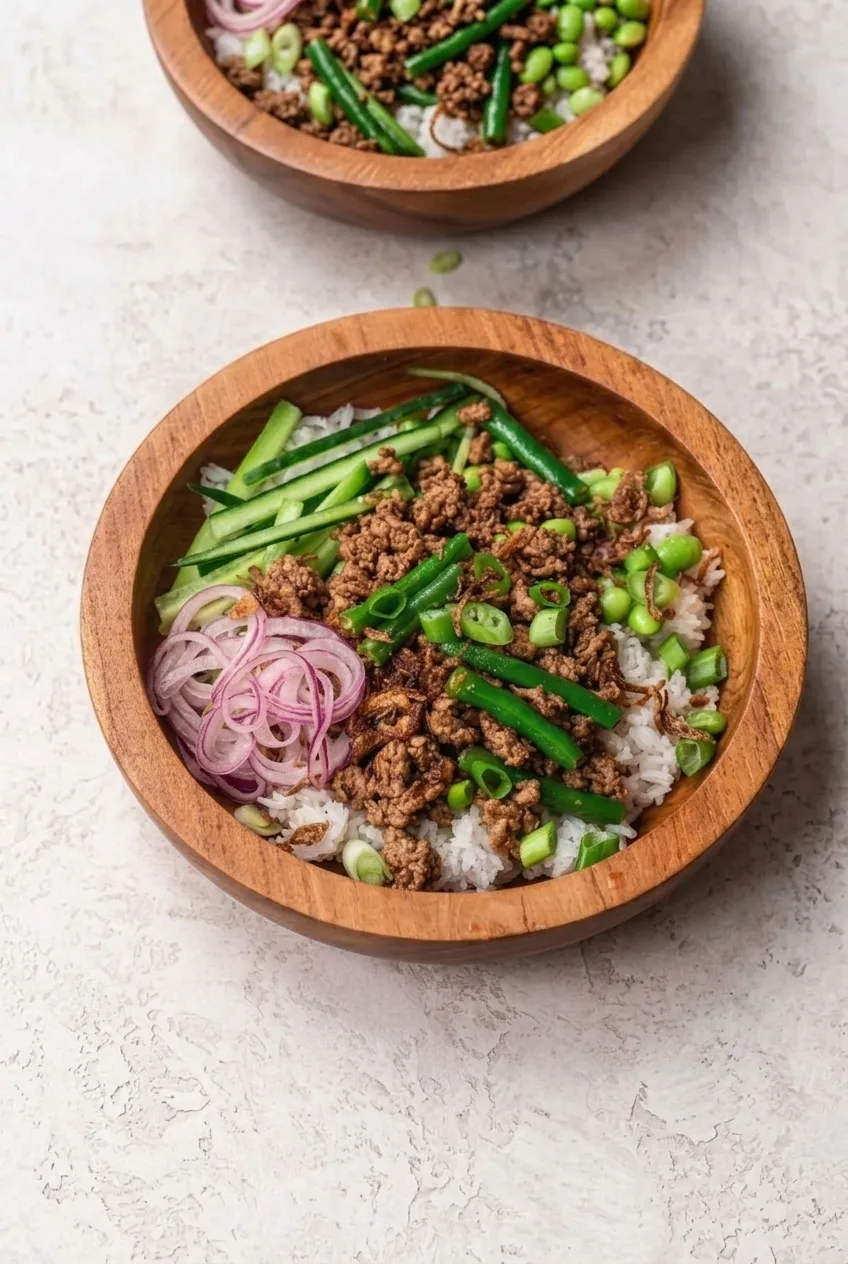 Complete ground turkey rice bowl on a pale stone table, with crisp vegetables and red onion