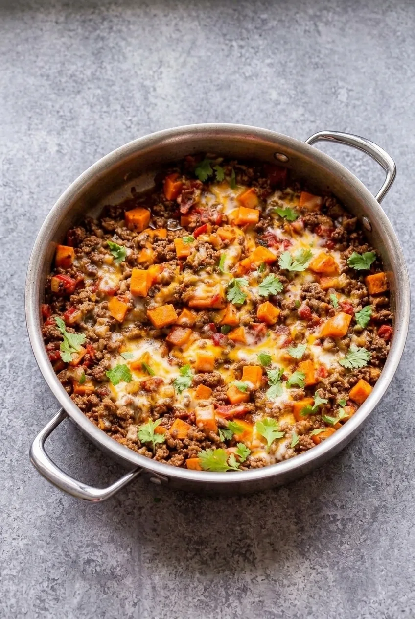 Complete beef and sweet potato skillet on a gray surface, topped with melted cheese and cilantro