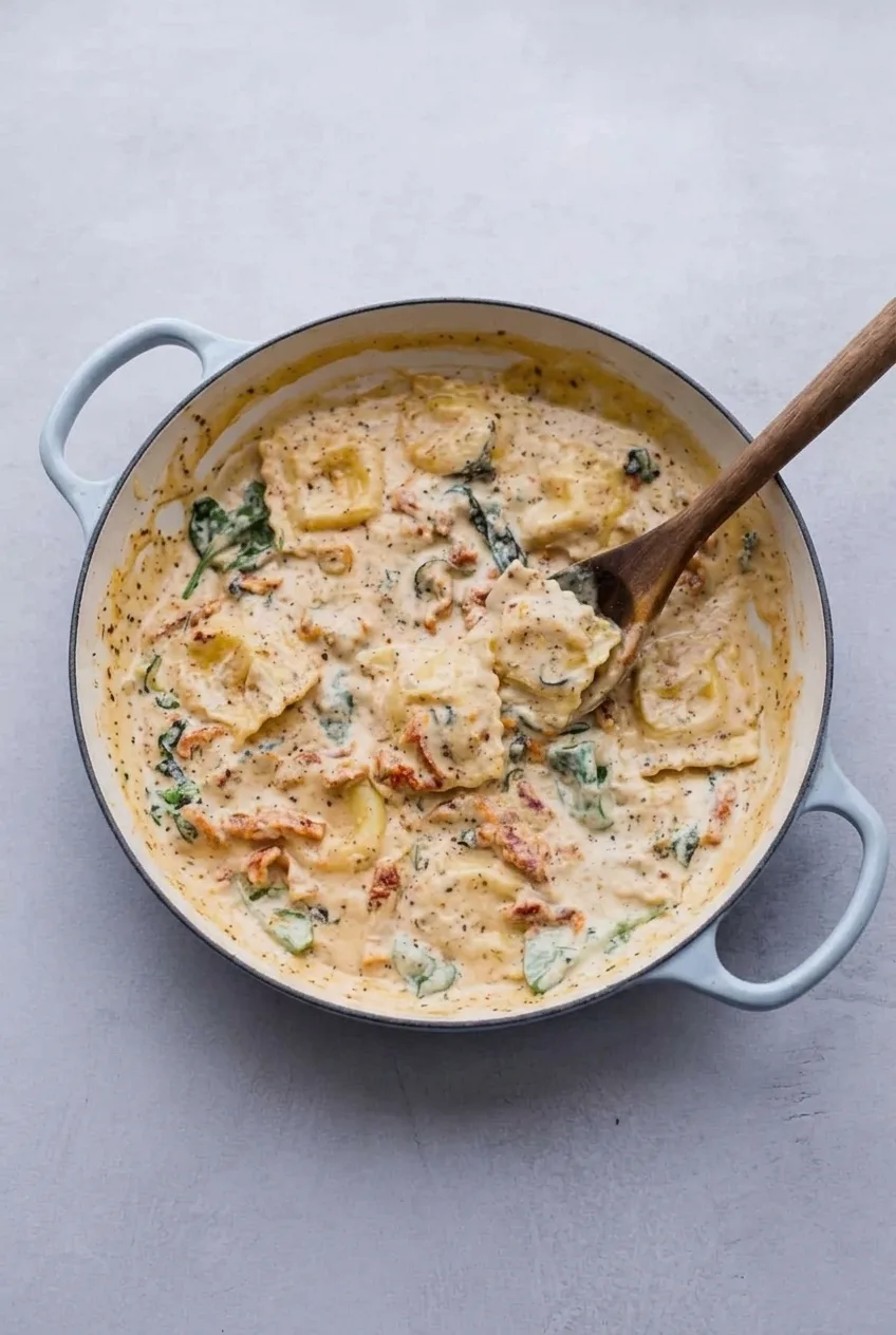 Complete skillet of creamy Tuscan ravioli on a pale gray surface