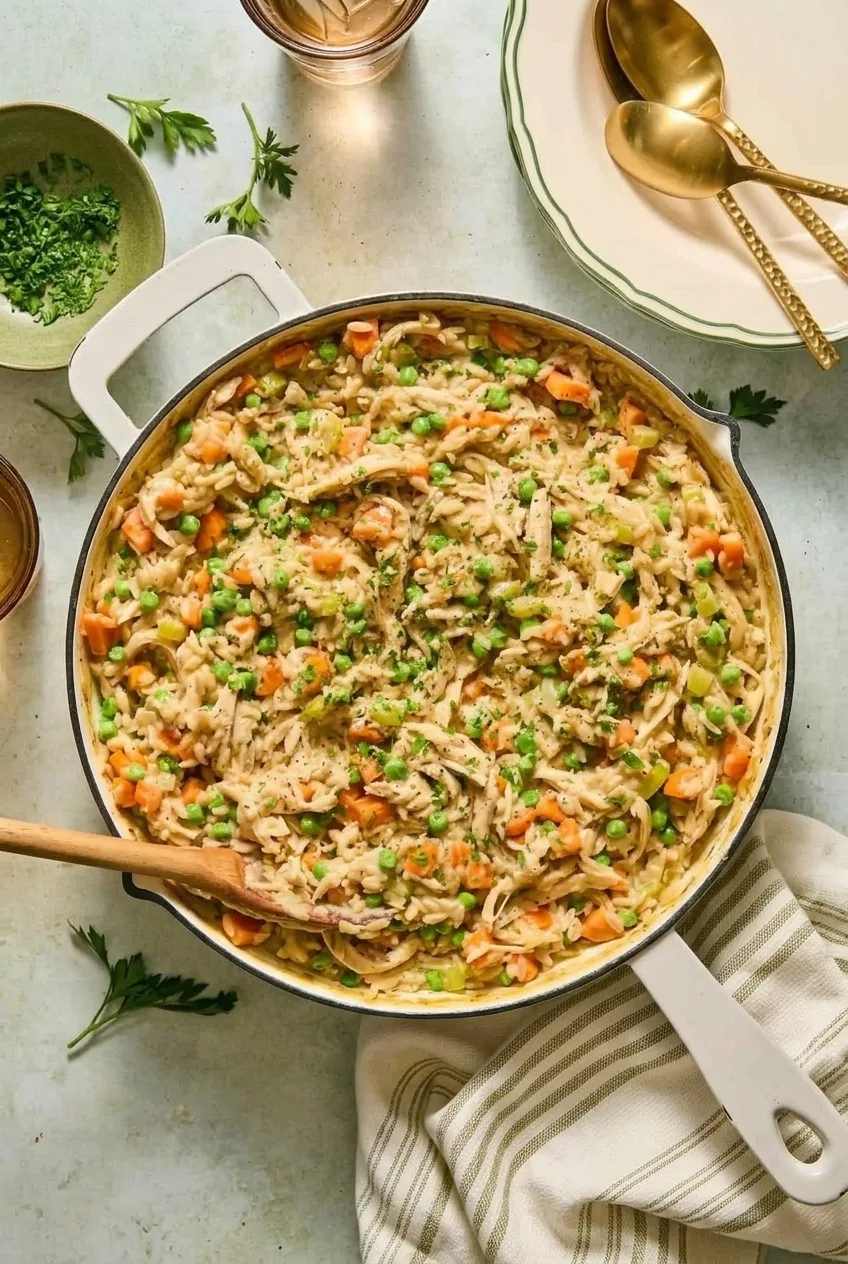 Complete skillet of chicken pot pie orzo on a pale tabletop, with the handles and parsley-topped surface visible