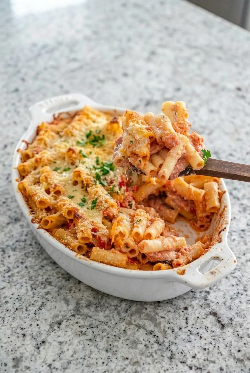 Nearly full white dish of five-cheese baked ziti with a moist portion lifted above it