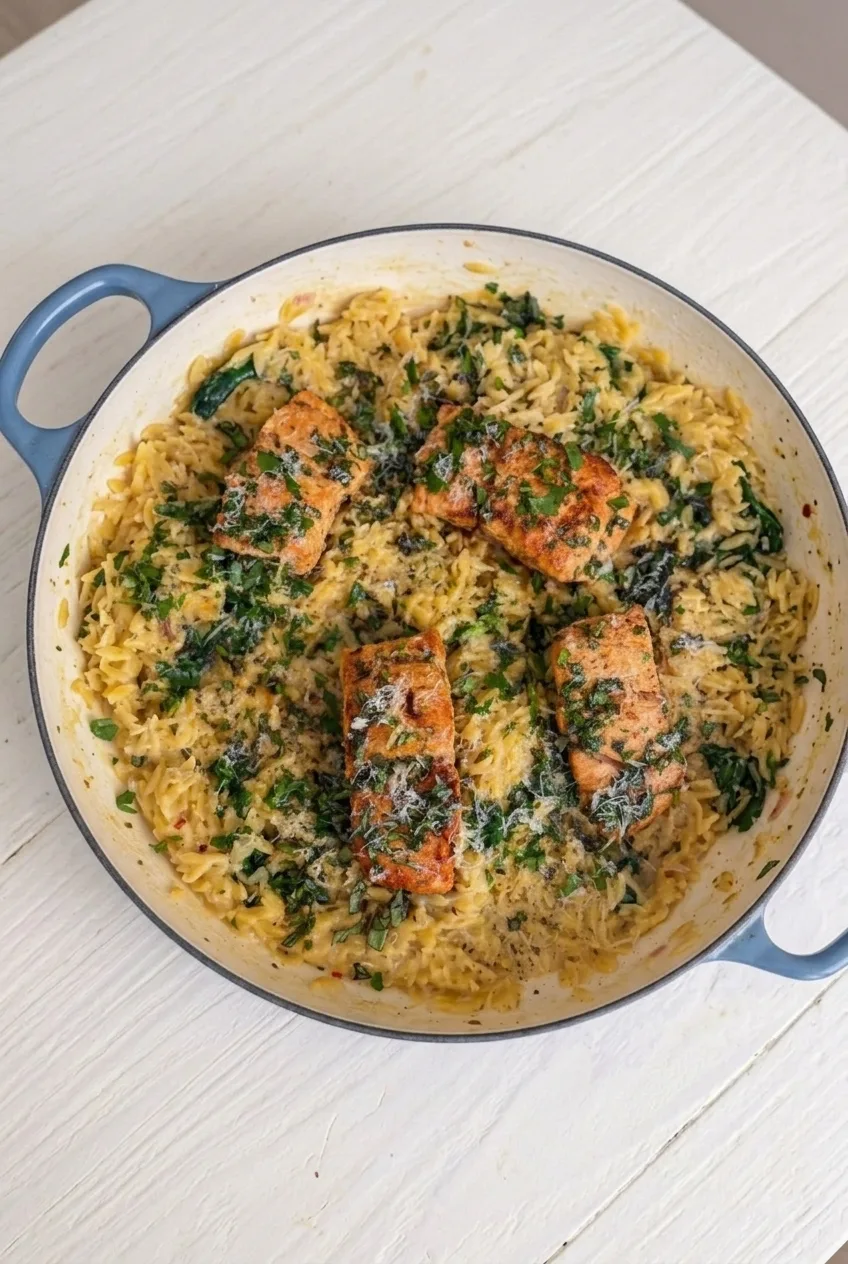 Wide view of the complete skillet of salmon and creamy lemon orzo on a pale tabletop