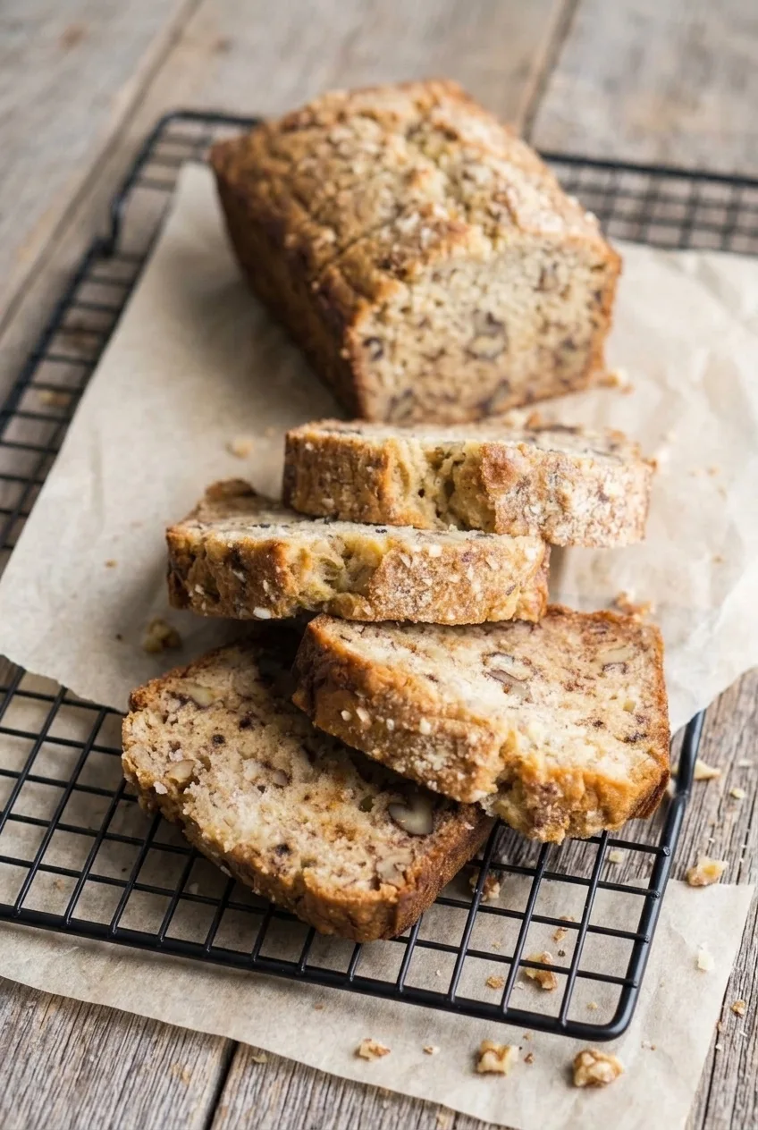 Cooled banana bread loaf cut into thick slices and arranged on a wire rack