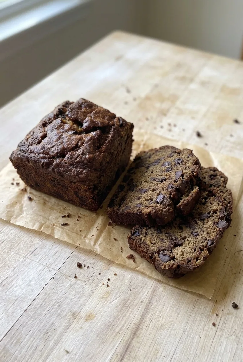 Full chocolate chip banana bread loaf and overlapping slices on parchment over a pale wood table