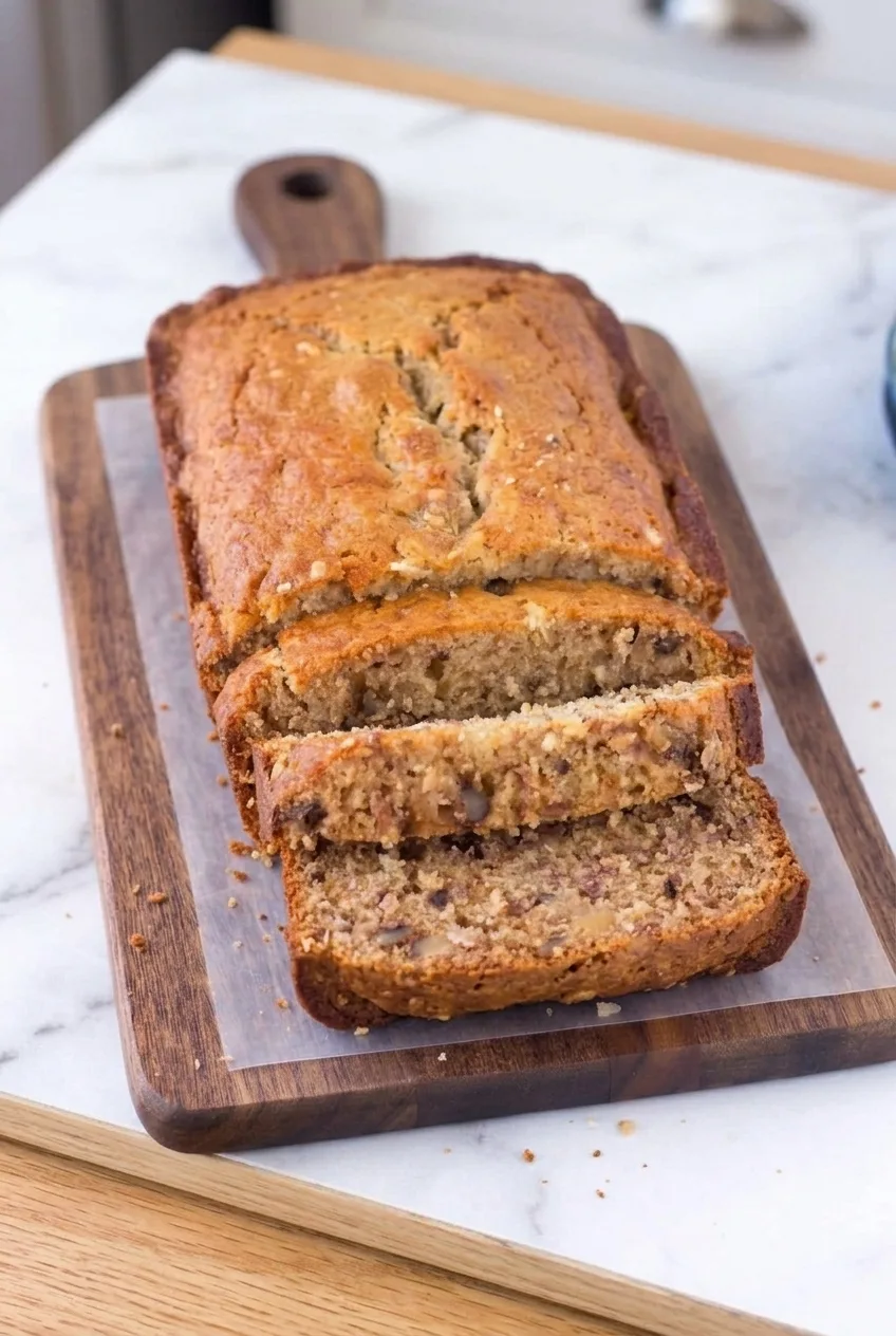 Whole banana walnut loaf with thick slices on a parchment-lined wooden board in a wider view