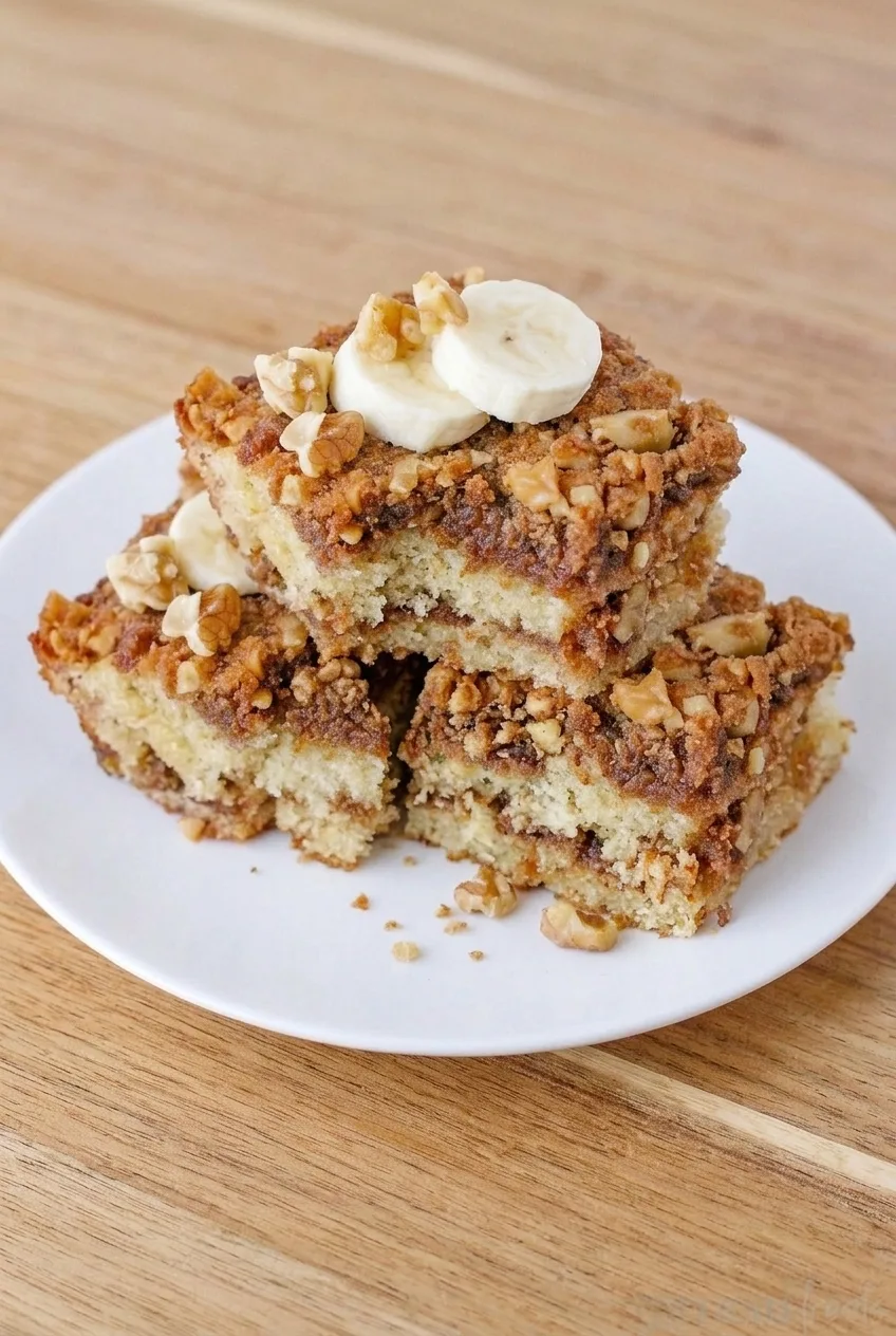Several streusel-topped banana coffee cake squares on a white serving plate