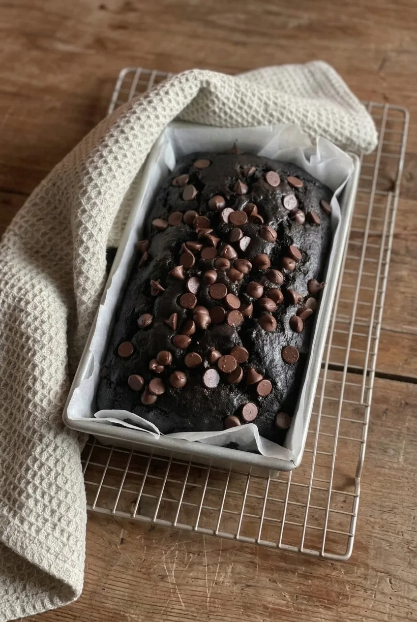 Whole chocolate-chip-topped banana bread loaf in its parchment-lined pan on a cooling rack