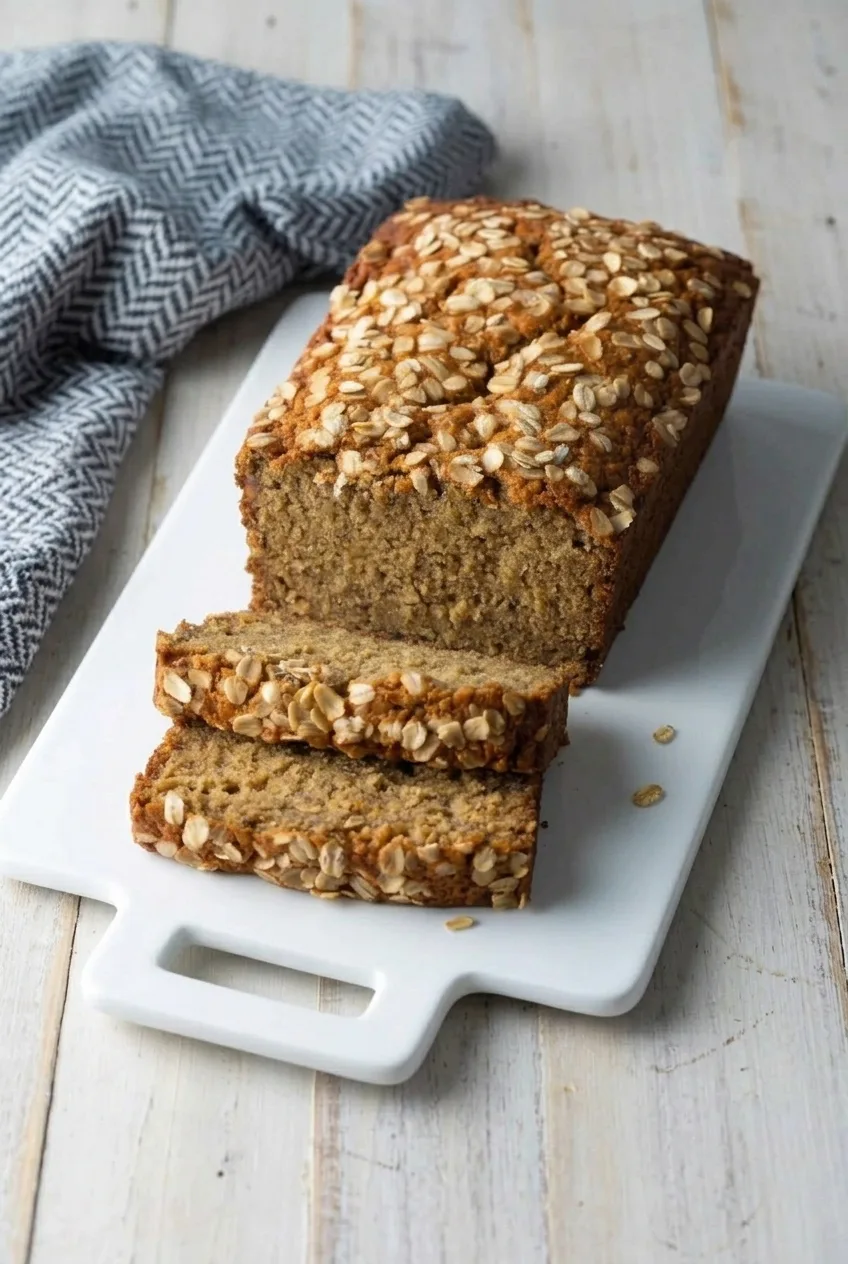 Whole oat-topped banana bread loaf and two slices on a white board, shown from a wider angle