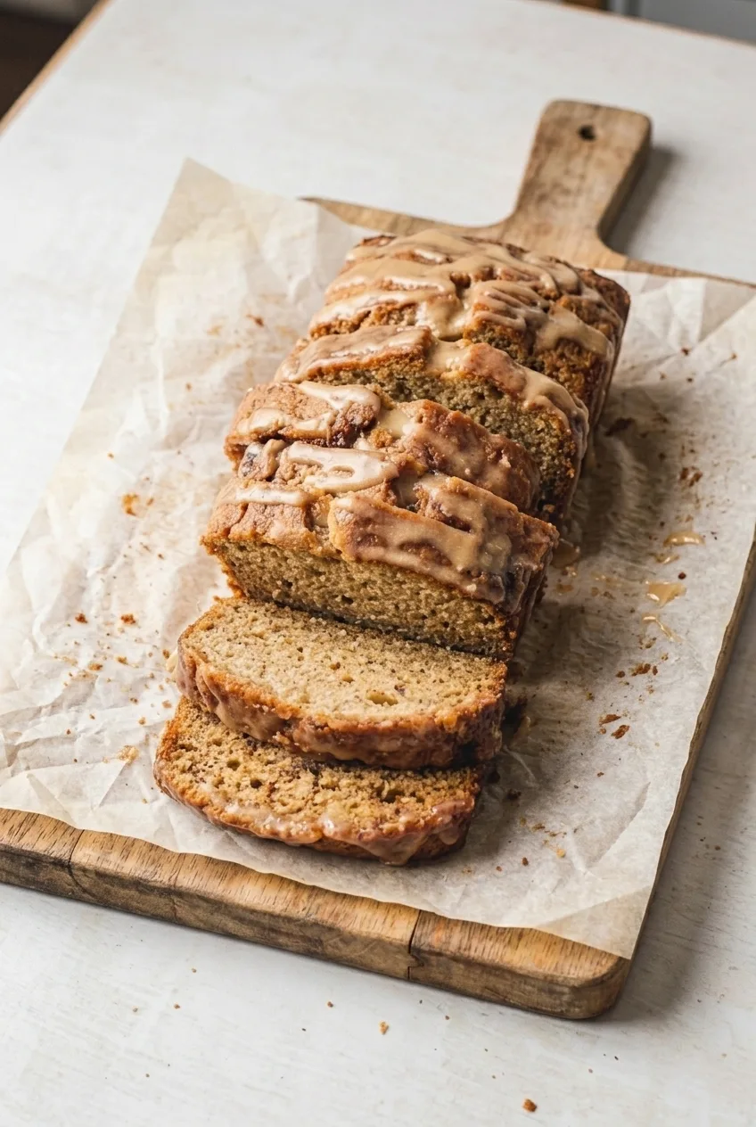 Partly sliced glazed brown butter banana bread on parchment and a wooden board