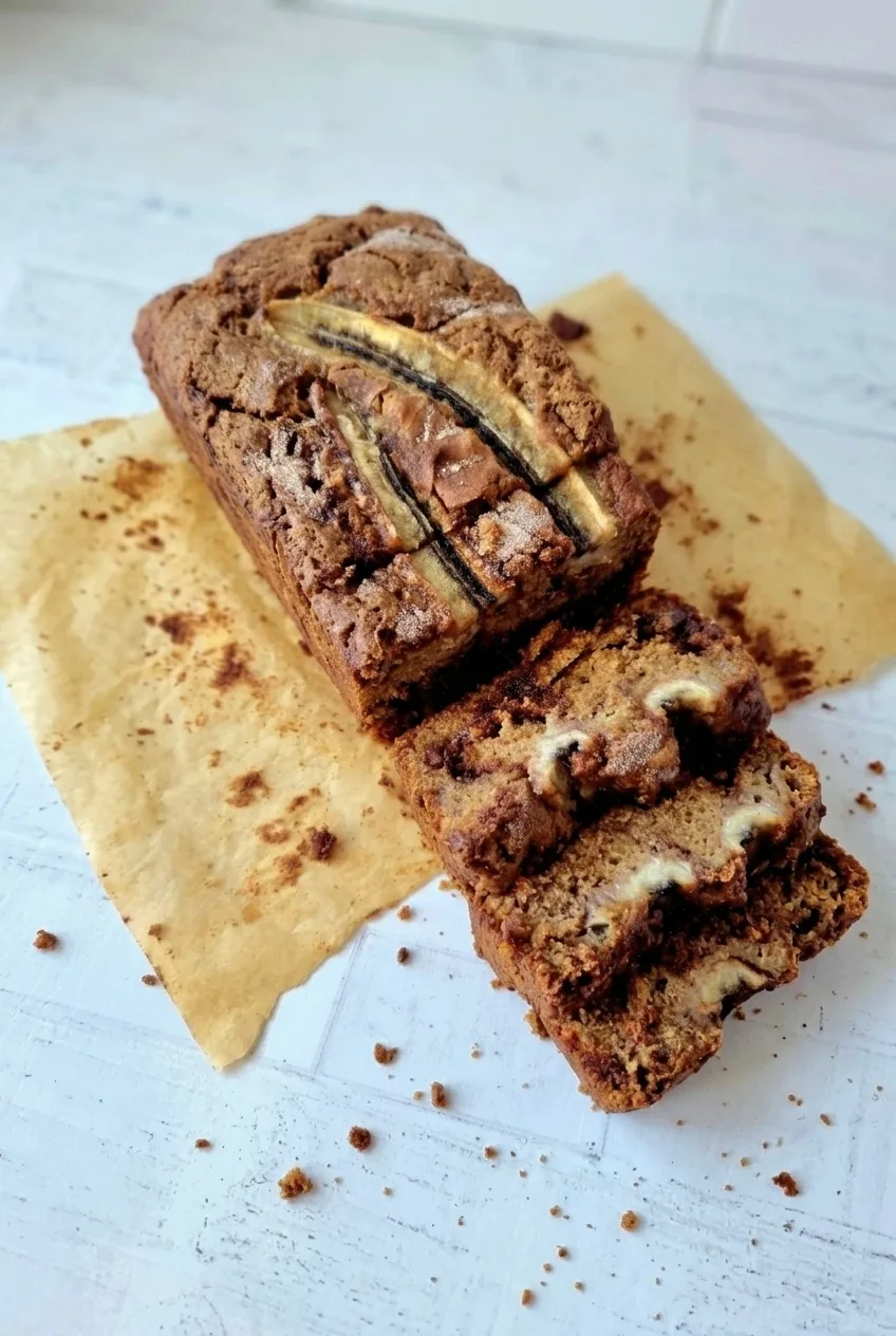 Full banana-topped cinnamon swirl loaf and thick slices on parchment with the cut interior visible