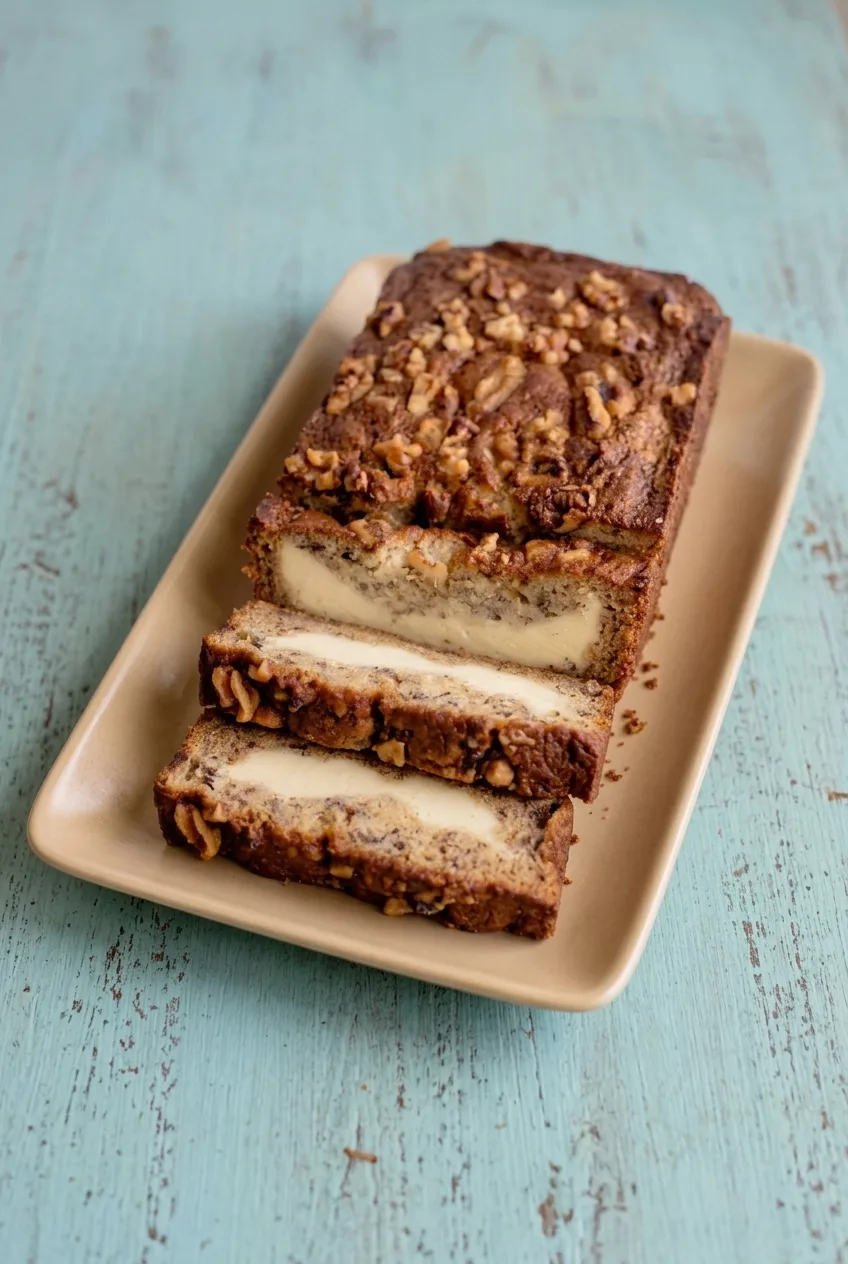 Walnut-topped cream cheese banana bread and overlapping slices on a platter