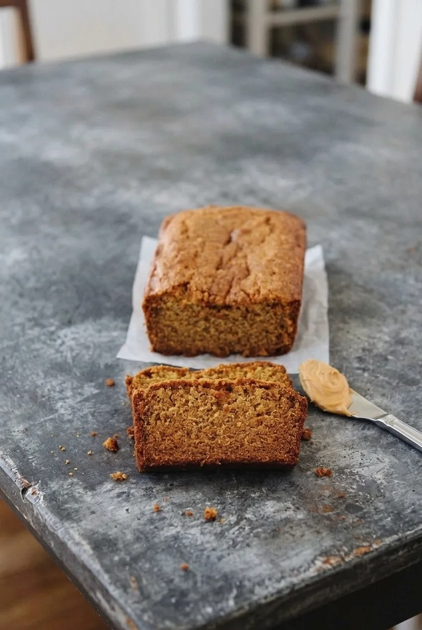 Full peanut butter banana bread loaf on parchment with two thick slices on a gray surface