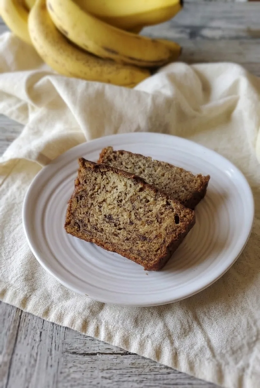 Full white plate of overlapping gluten-free banana bread slices on a pale surface