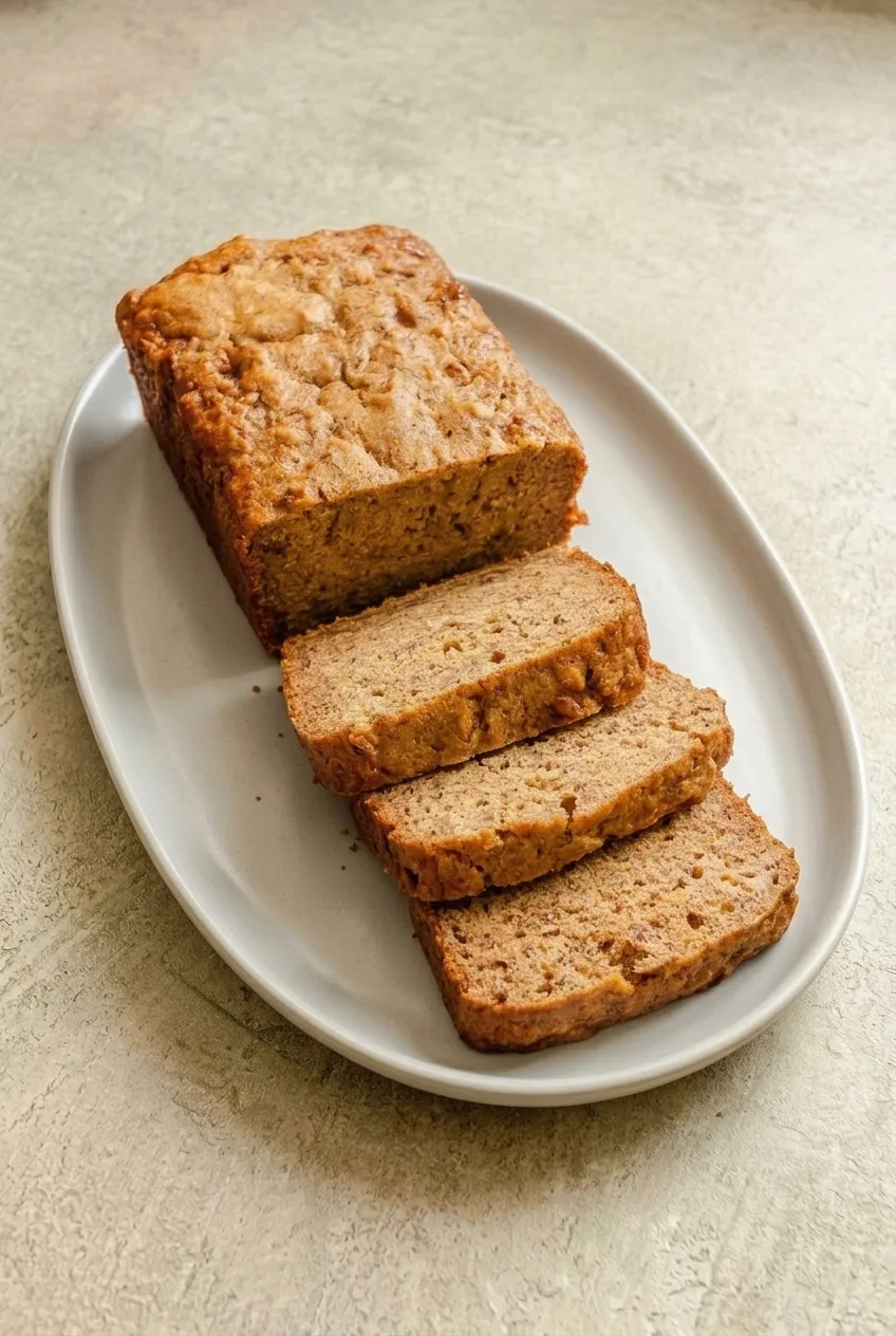 Full platter of partly sliced vegan banana bread on a neutral kitchen surface