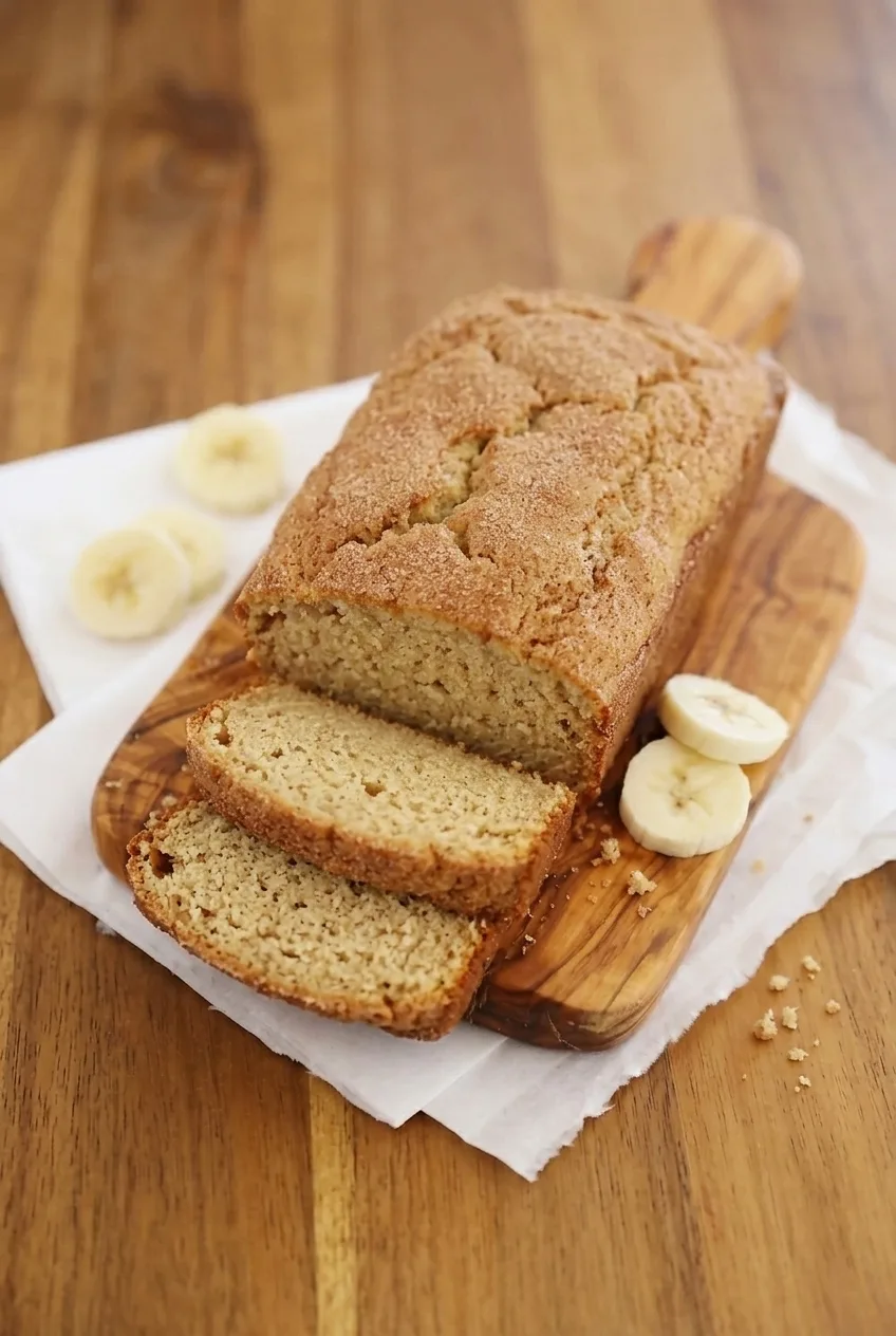Whole snickerdoodle banana bread loaf and cut slices on a wooden board in a wider view