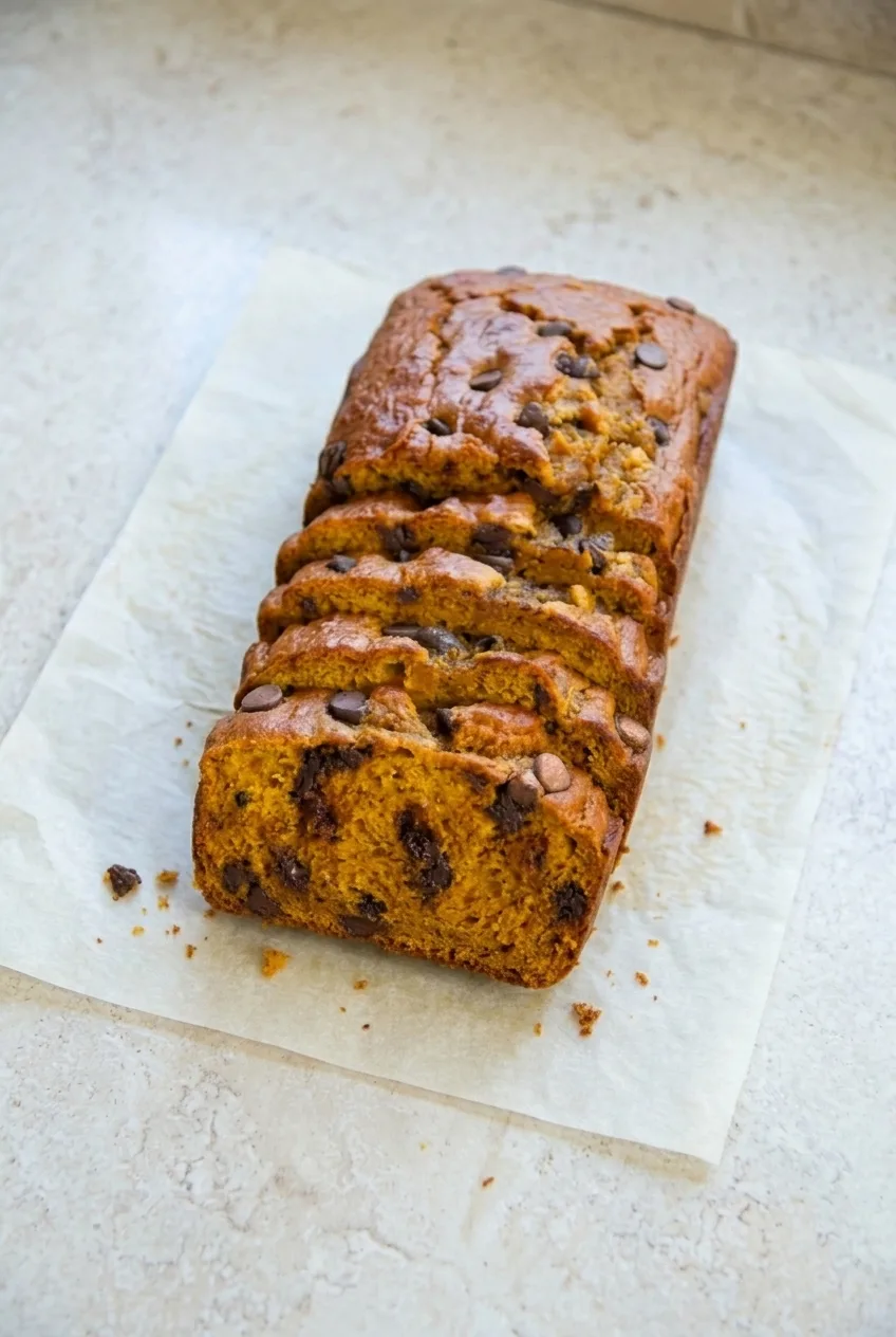Wider view of a sliced pumpkin banana bread loaf with overlapping slices on a pale surface