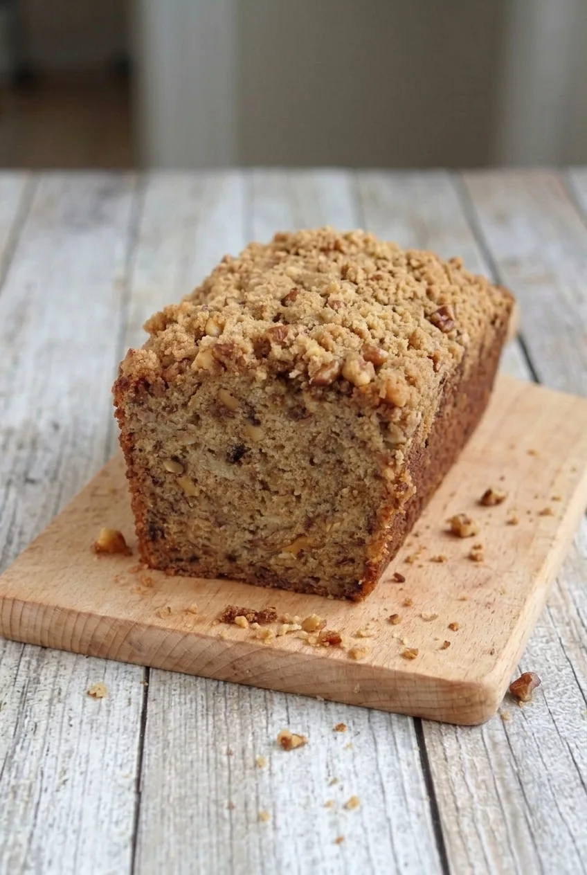Whole pecan-streusel banana bread loaf on a cutting board, with its cut end visible